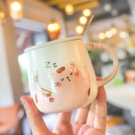 Cartoon Cat With Lid Spoon Ceramic Cup Female Cute Office - Congratulations You Are an Inventor -Gifts and Swag