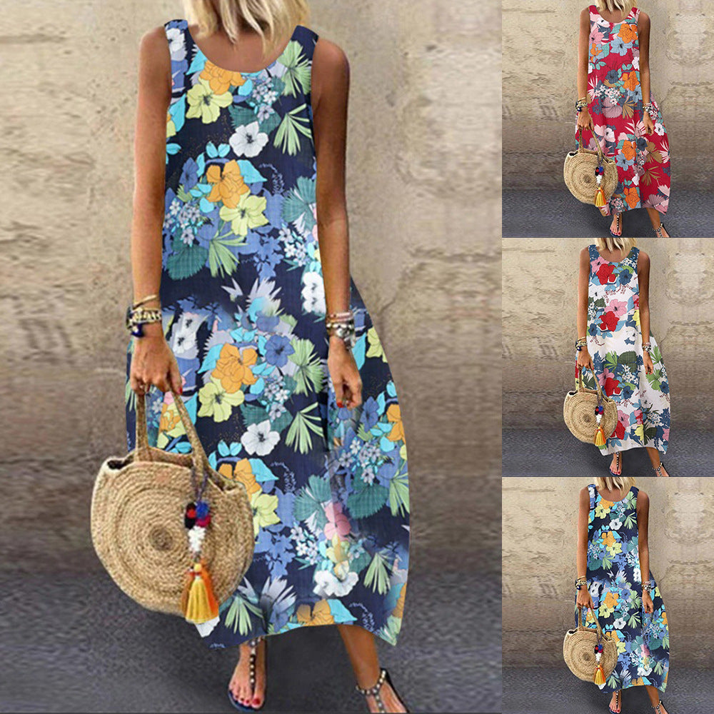 Summer New Mid-Length Loose Round Neck Sleeveless Ethnic Printed Dress Women