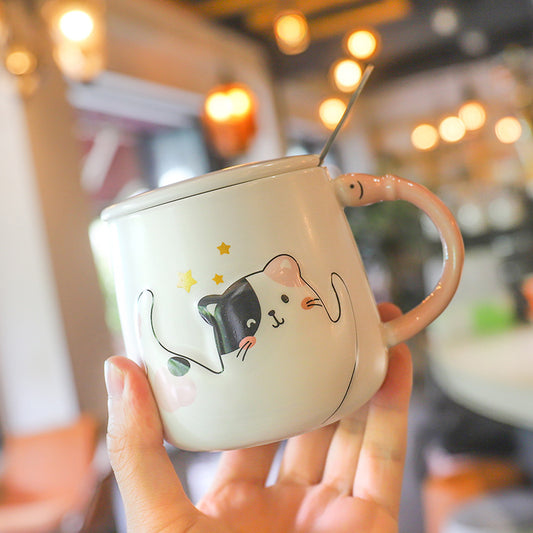 Cartoon Cat With Lid Spoon Ceramic Cup Female Cute Office - Congratulations You Are an Inventor -Gifts and Swag
