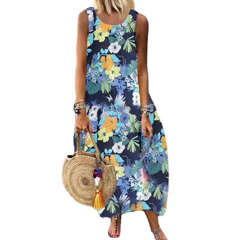 Summer New Mid-Length Loose Round Neck Sleeveless Ethnic Printed Dress Women