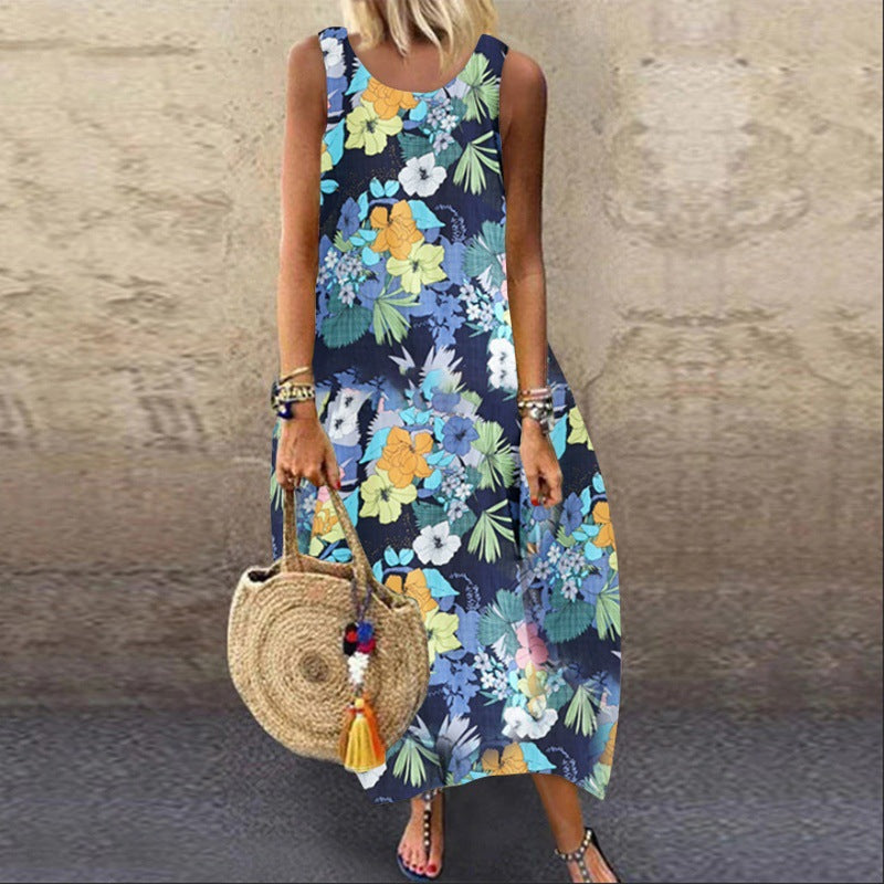 Summer New Mid-Length Loose Round Neck Sleeveless Ethnic Printed Dress Women